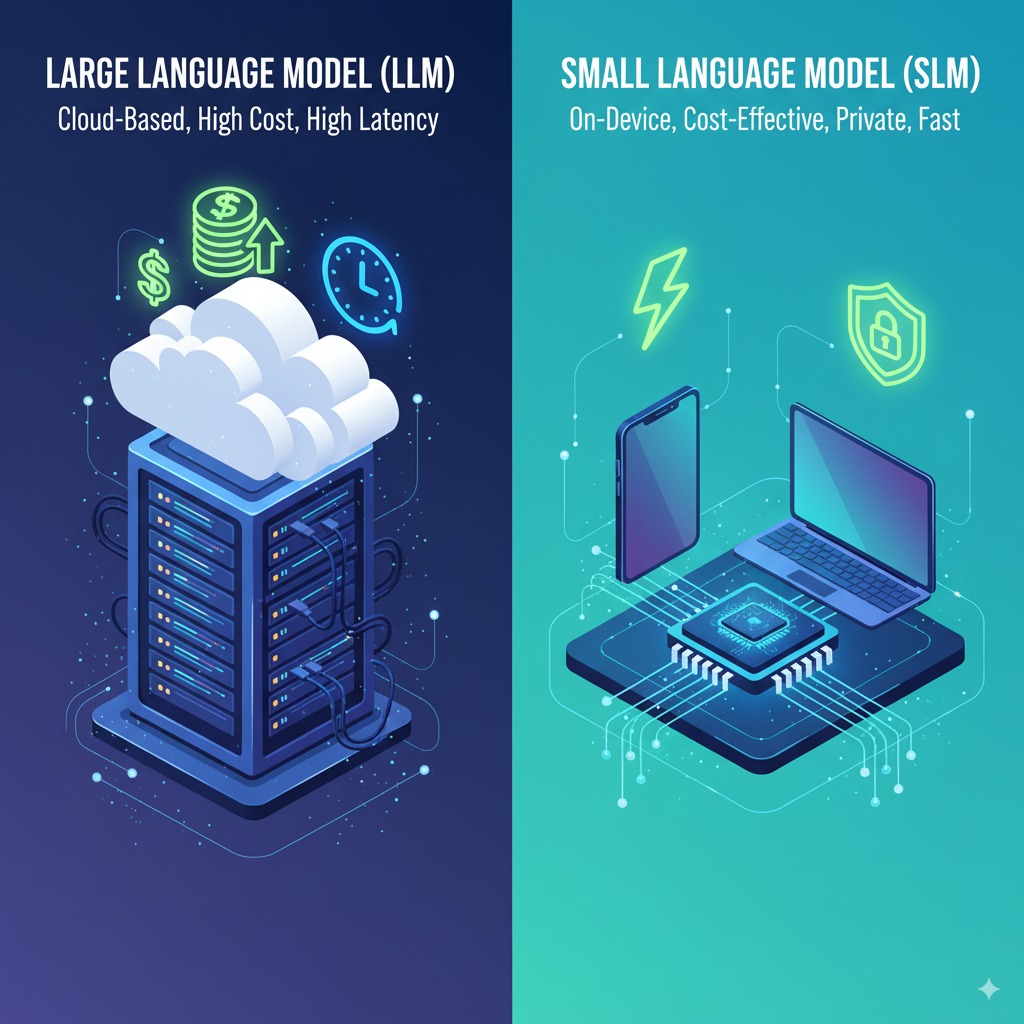 Comparison between large language models and small language models highlighting cost, privacy, and speed advantages.