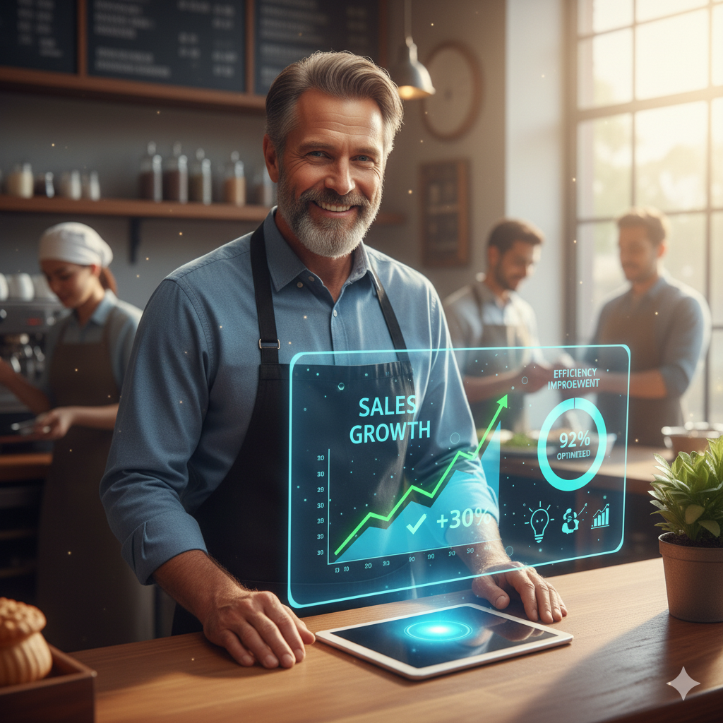 Café owner reviewing AI for restaurants dashboard showing growth in revenue and efficiency